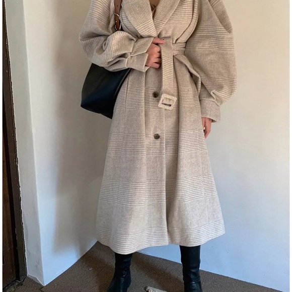 Coat long plaid vintage lantern puff sleeve runway womens soft khaki belt - Picture 2 of 10